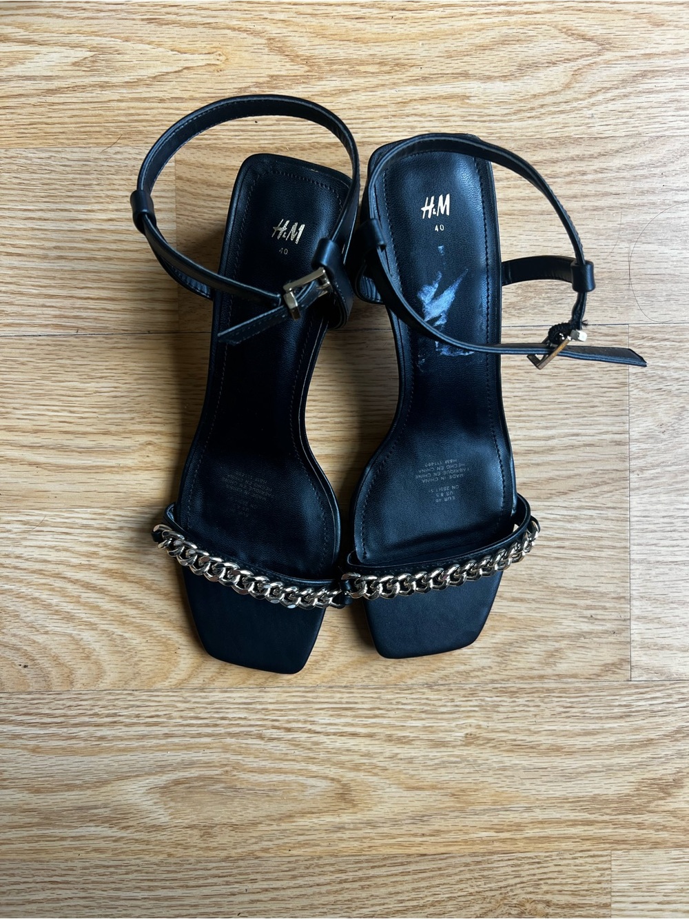 H&M Black Block Heel Sandals with Silver Chain Detail Square Toe Size 40